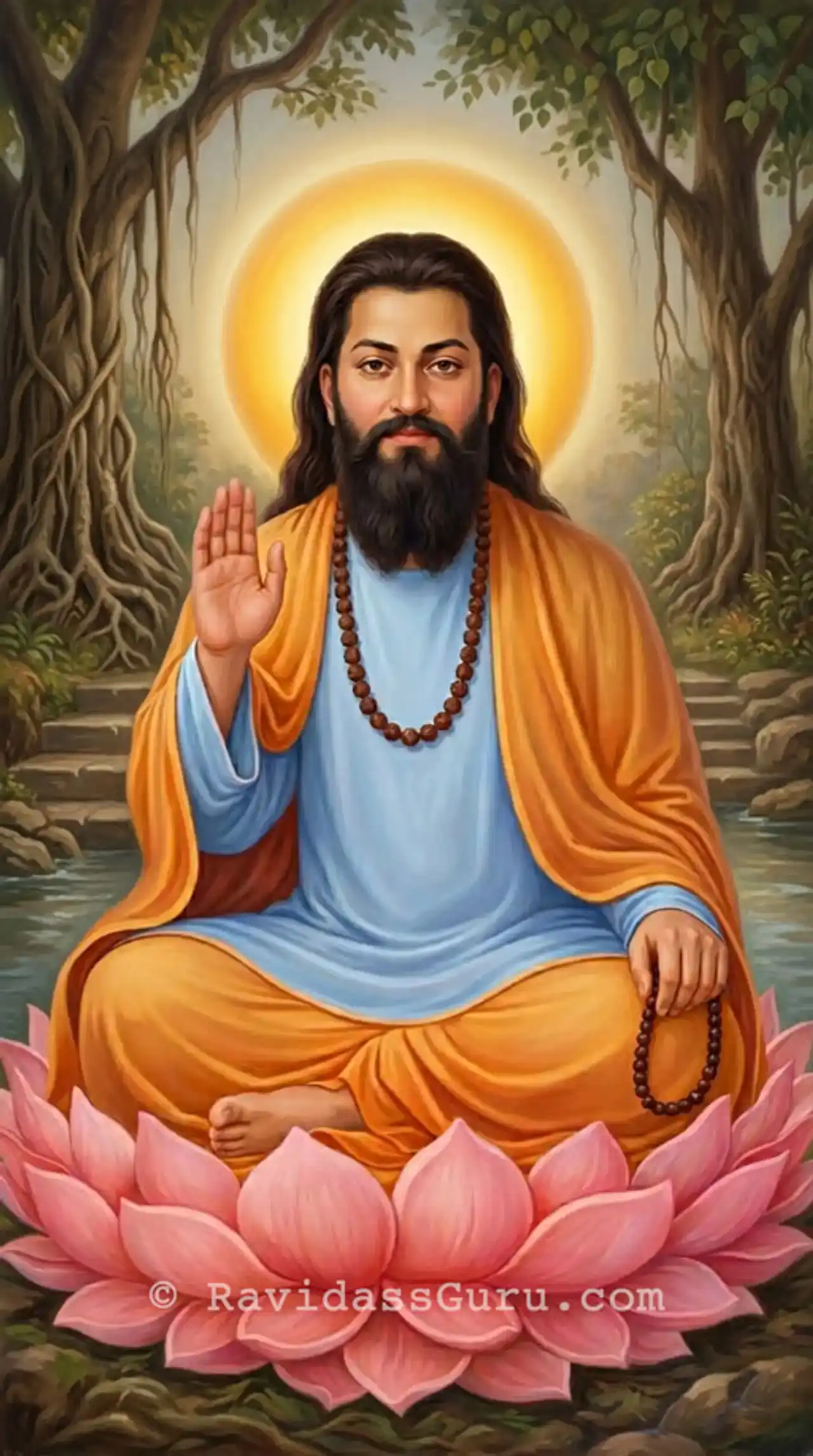 Shri Guru Ravidass Ji Maharaj seated in meditation in Varanasi, spiritual teacher of equality and Begampura philosophy